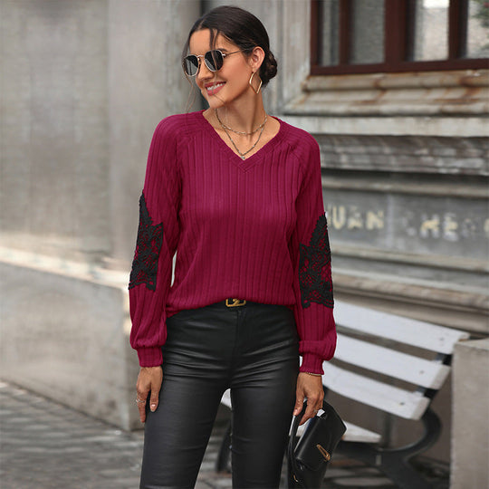 Damen Geripptes Longsleeve mit V‑Ausschnitt, Spitzen‑Einsätzen an den Ellbogen und Ballonärmeln Shop Nory