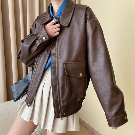 Damen Oversize-Lederimitatjacke mit Hemdkragen und Reißverschluss Shop Nory