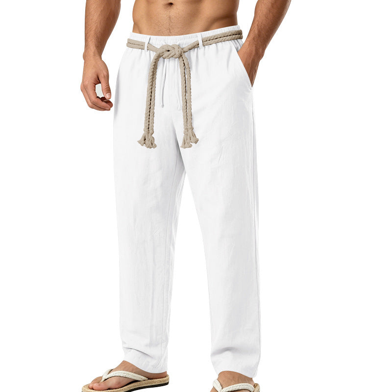 Herren lässige Leinen-Loungehose mit elastischem Bund, dekorativem Seilgürtel und Seitentaschen Shop Nory