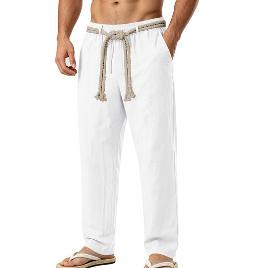 Herren lässige Leinen-Loungehose mit elastischem Bund, dekorativem Seilgürtel und Seitentaschen Shop Nory