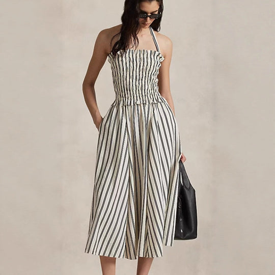 Damen nan Midikleid mit gerafftem Smock-Oberteil, abnehmbarem Neckholder und Eingrifftaschen Shopnory