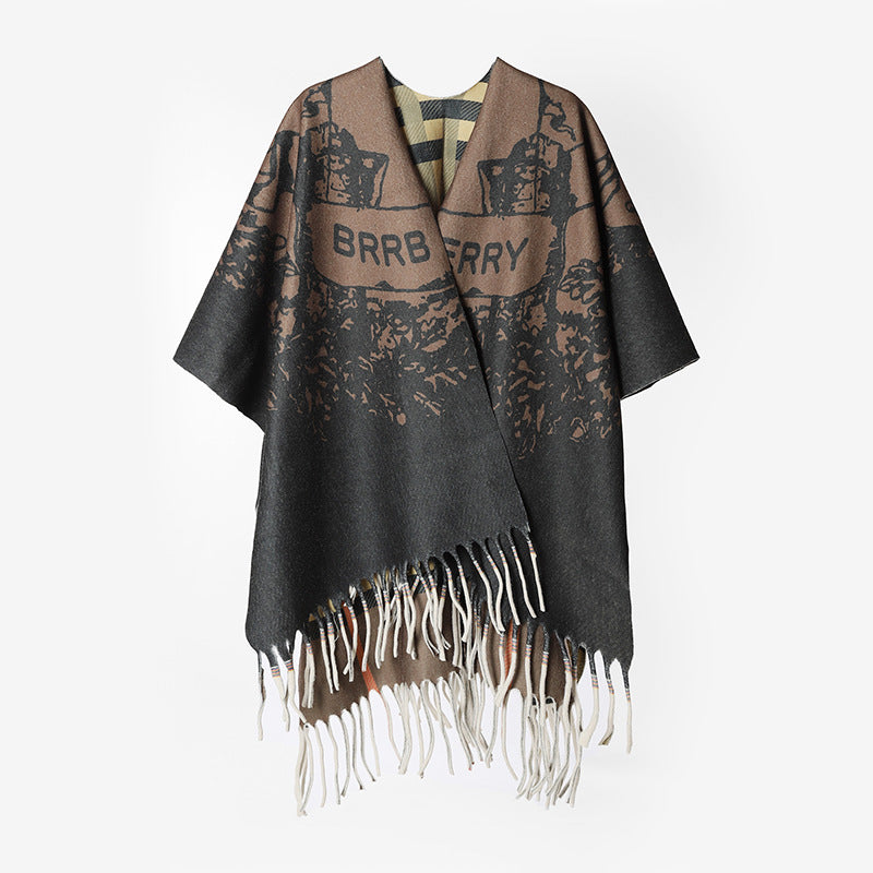 Damen Oversize-Capeponcho im Rechteckschnitt mit Fransensaum und zweilagigem Jacquard-Innenfutter Shop Nory