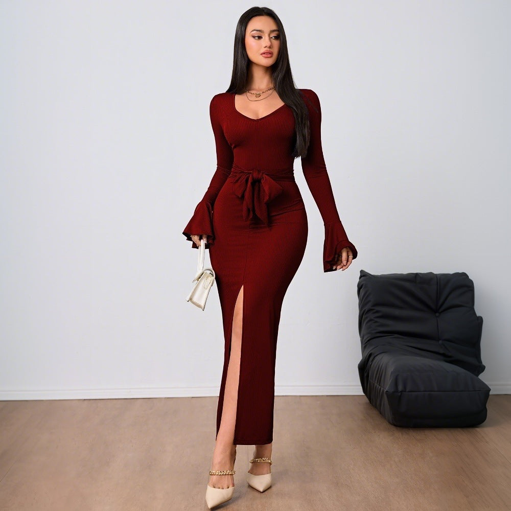 Damen figurbetontes Maxikleid mit V-Ausschnitt Trompetenärmeln Taillenband und hohem Seitenschlitz Shop Nory