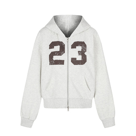 Damen Kapuzen-Sweatjacke im Retro-Sportstil mit Used-Frontprint und Kängurutaschen Shop Nory