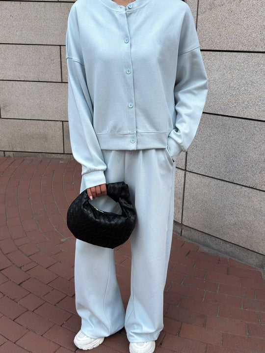 Damen Zweiteiliges Loungewear-Set mit verdeckter Druckknopf-Cardigan und weiten High-Waist Jogpants Shop Nory
