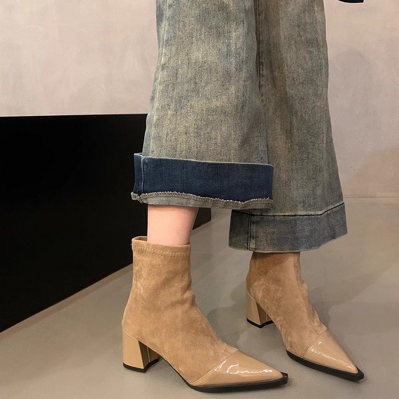 Damen Spitz zulaufende Stiefelette mit Wildlederschaft, patentierter Zehenkappe und sculpted Blockabsatz Shop Nory