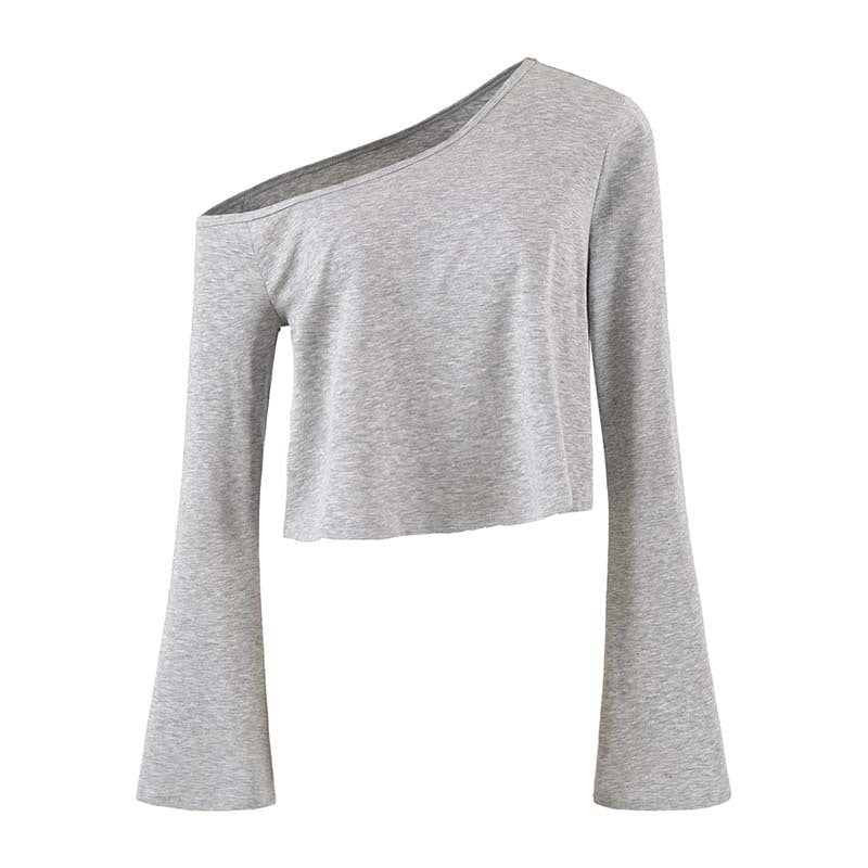 Damen Cropped Off-Shoulder Longsleeve mit ausgestellten Trompetenärmeln aus Jersey Shop Nory