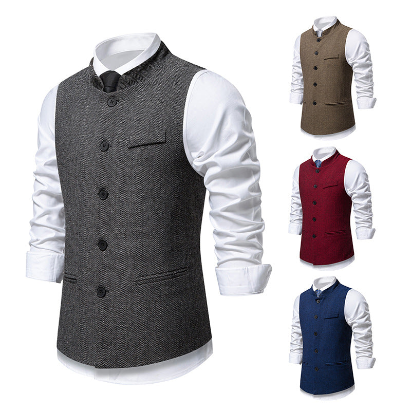 Herren elegante Weste mit Stehkragen und Fischgrätmuster aus Wollmix Shop Nory