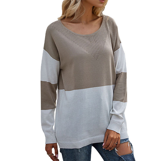 Damen Oversize Strickpullover mit Rundhals, Ajour-Dreieck und Blockstreifen Shop Nory