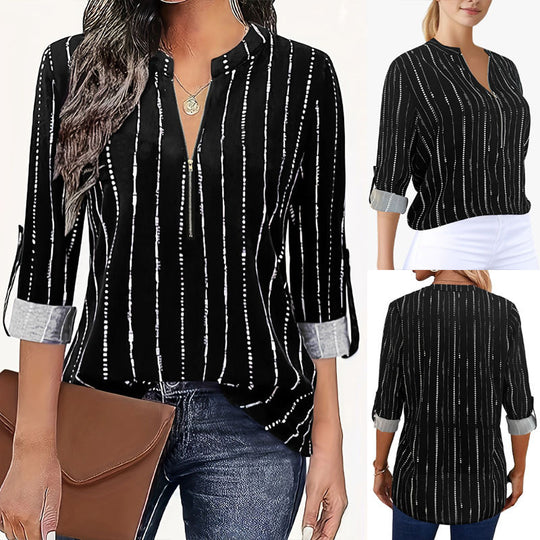 Damen Leichte Viskose-Bluse mit Stehkragen, Reißverschluss und vertikalem Punktstreifen Shop Nory