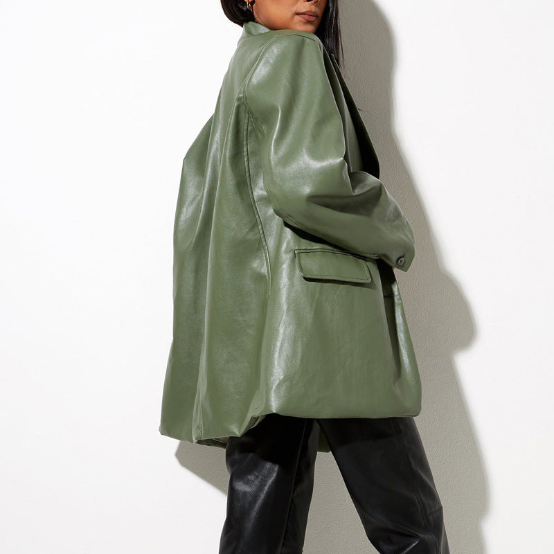 Damen Oversized Kunstleder Blazerjacke