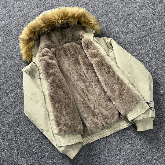 Unisex Wattierte Bomberjacke mit großer Kapuze und Kunstfellbesatz Shop Nory