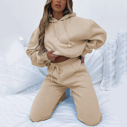 Damen kuscheliges Cropped-Kapuzen-Lounge-Set mit hochgeschnittener Tunnelzug-Jogginghose Shop Nory