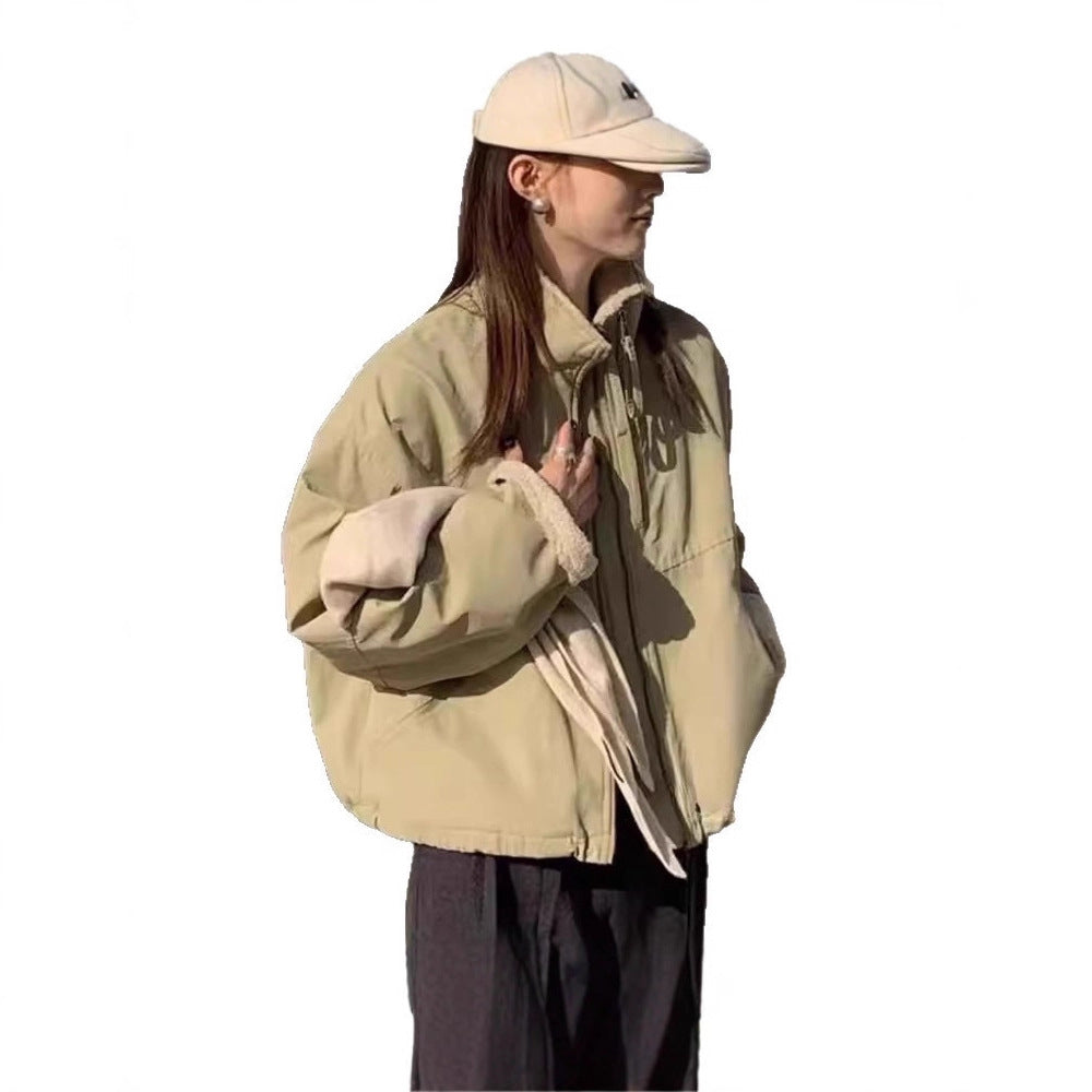 Damen Kurze Oversize Bomberjacke mit Teddyfutter an Bündchen und Stehkragen Shop Nory