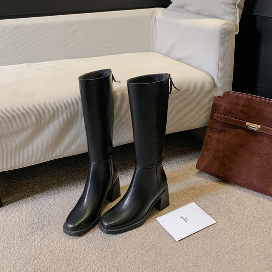 Damen Kniehohe Glattleder-Stiefel mit skulpturalem Blockabsatz und Rückenreißverschluss Shop Nory