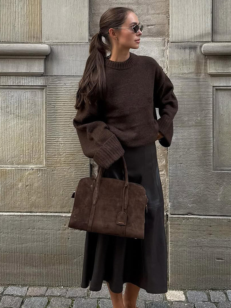 Damen Oversize-Strickpullover mit weitem Rippsaum und Trompetenärmeln Shop Nory