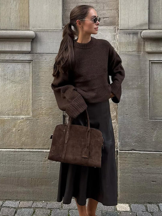 Damen Oversize-Strickpullover mit weitem Rippsaum und Trompetenärmeln Shop Nory
