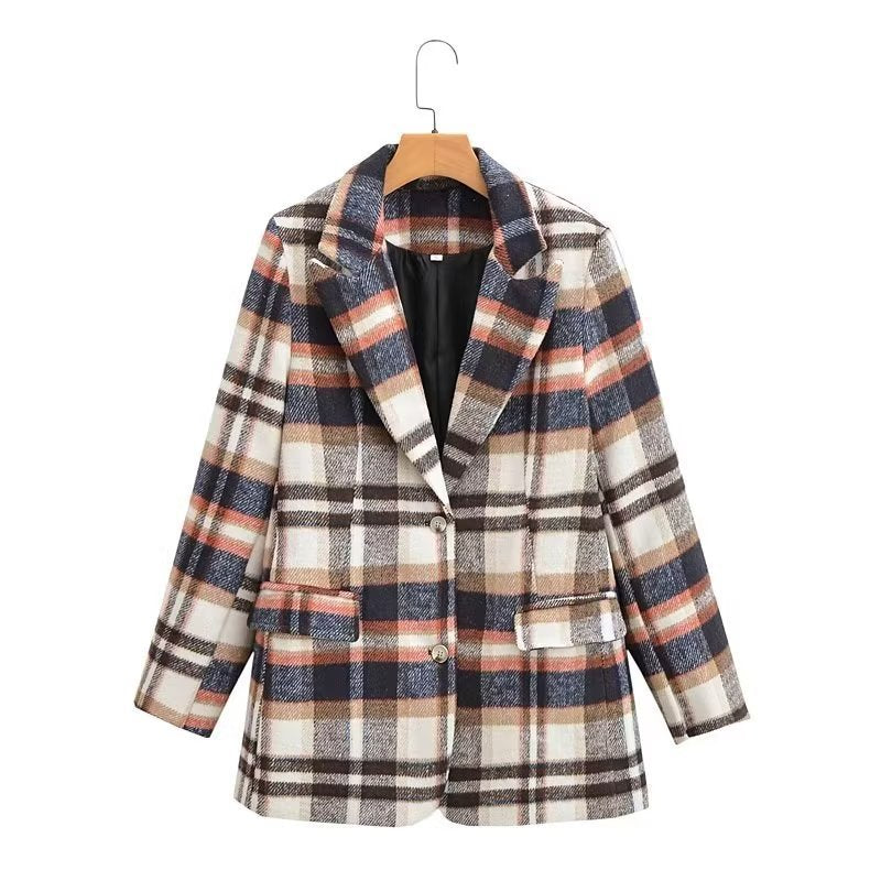 Damen Karierter Wollmix-Einreiher Blazer mit Reverskragen und Pattentaschen Shop Nory