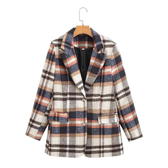 Damen Karierter Wollmix-Einreiher Blazer mit Reverskragen und Pattentaschen Shop Nory
