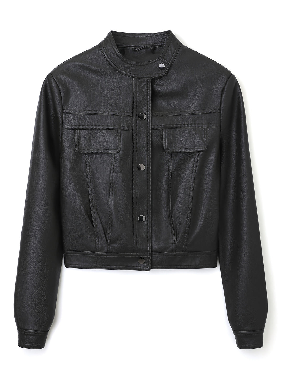 Damen Kurz geschnittene Lederjacke mit Stehkragen und Pattentaschen Shop Nory