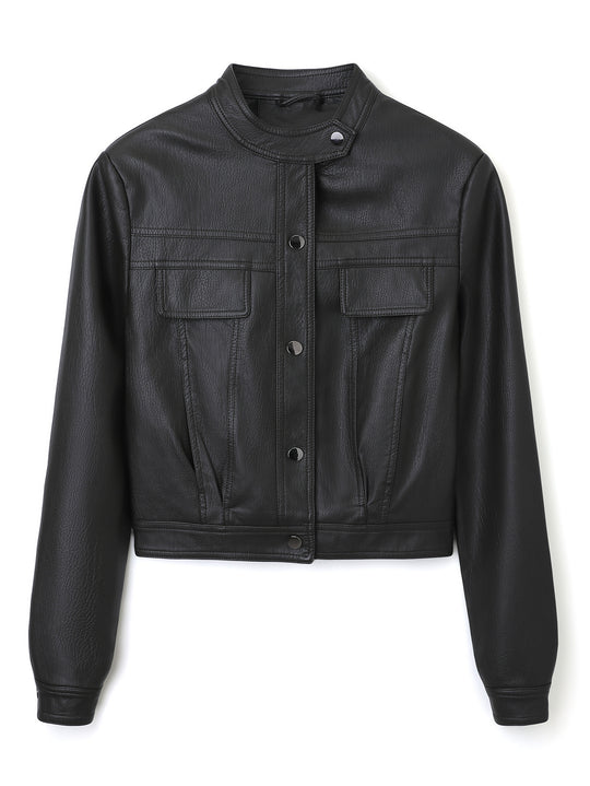 Damen Kurz geschnittene Lederjacke mit Stehkragen und Pattentaschen Shop Nory