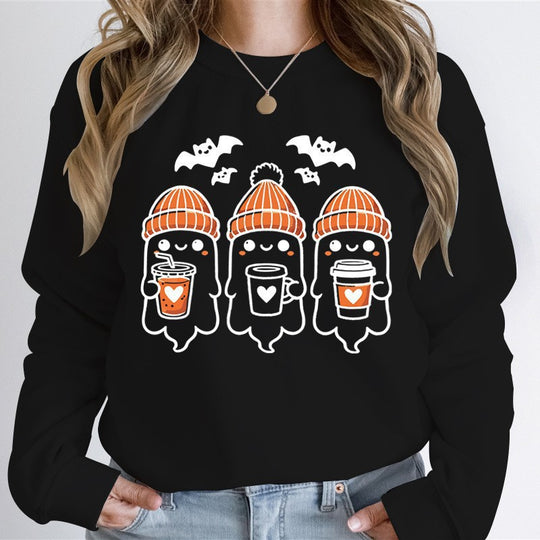 Damen gemütlicher Halloween Grafikpullover mit niedlichen Geist-Motiven, Rundhalsausschnitt und weichem Baumwollmix Shop Nory