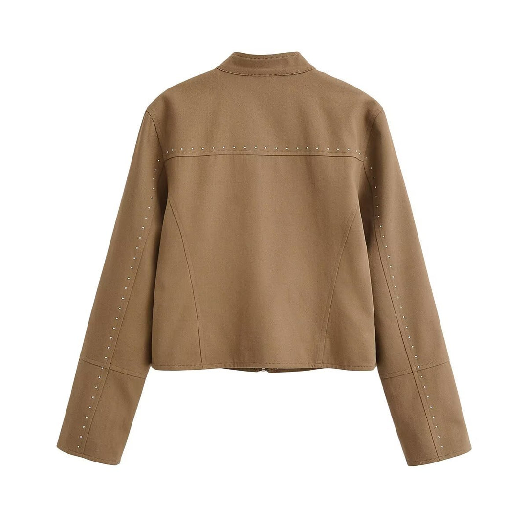 Damen Kurze Velours-Optik Jacke mit Stehkragen, Ziernähten, Nietenapplikation und Reißverschlusstaschen Shop Nory