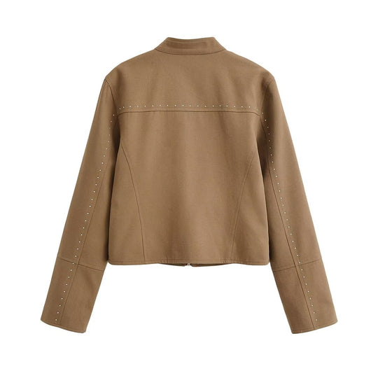 Damen Kurze Velours-Optik Jacke mit Stehkragen, Ziernähten, Nietenapplikation und Reißverschlusstaschen Shop Nory