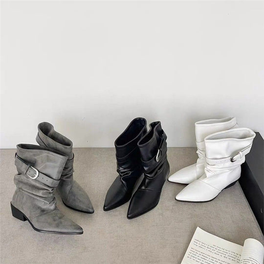 Damen Mid‑Calf Slouch Westernstiefel mit spitzer Zehenpartie, gerafftem Schaft und Zierschnalle Shop Nory