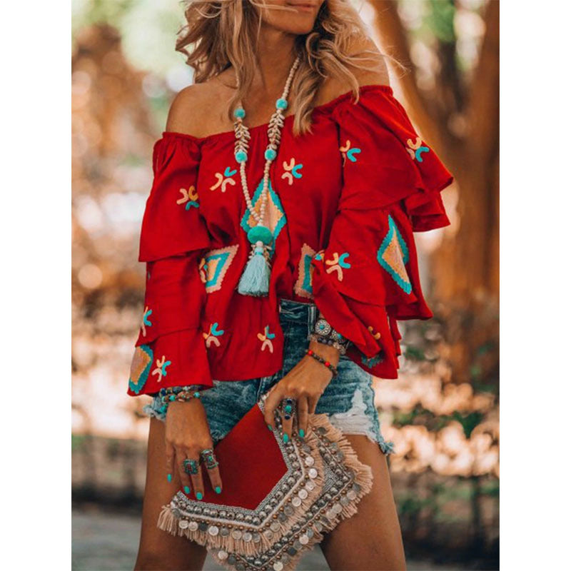 Damen Boho-Top mit Carmenausschnitt, gestuften Volantärmeln und aufwendiger Stickerei Shop Nory