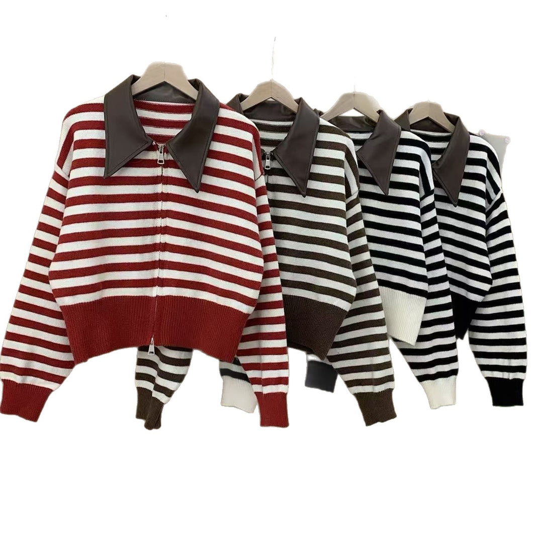 Damen Modischer Streifenpullover mit hohem Kragen und Reißverschluss Shop Nory
