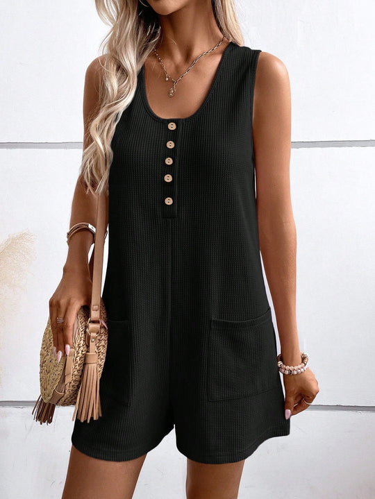 Damen Kurzarm Jumpsuit mit Knopfdetails und praktischen Taschen