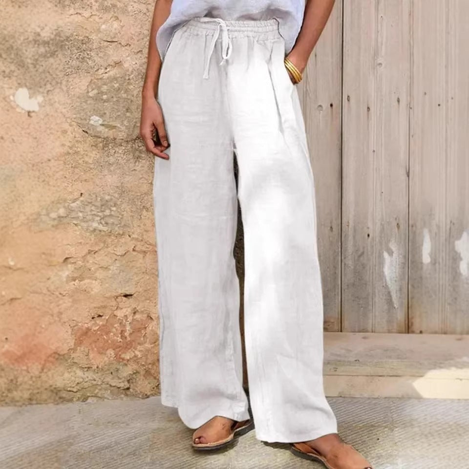 Damen Hochgeschnittene Leinenpalazzo-Hose mit Kordelzug und weitem Bein Shop Nory