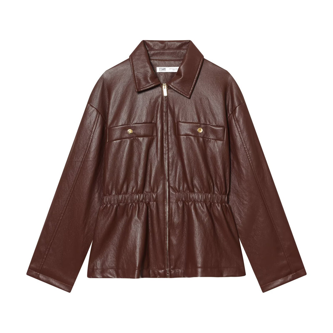 Damen Kurzjacke in veganer Lederoptik mit taillierendem Tunnelzug und Pattentaschen Shop Nory