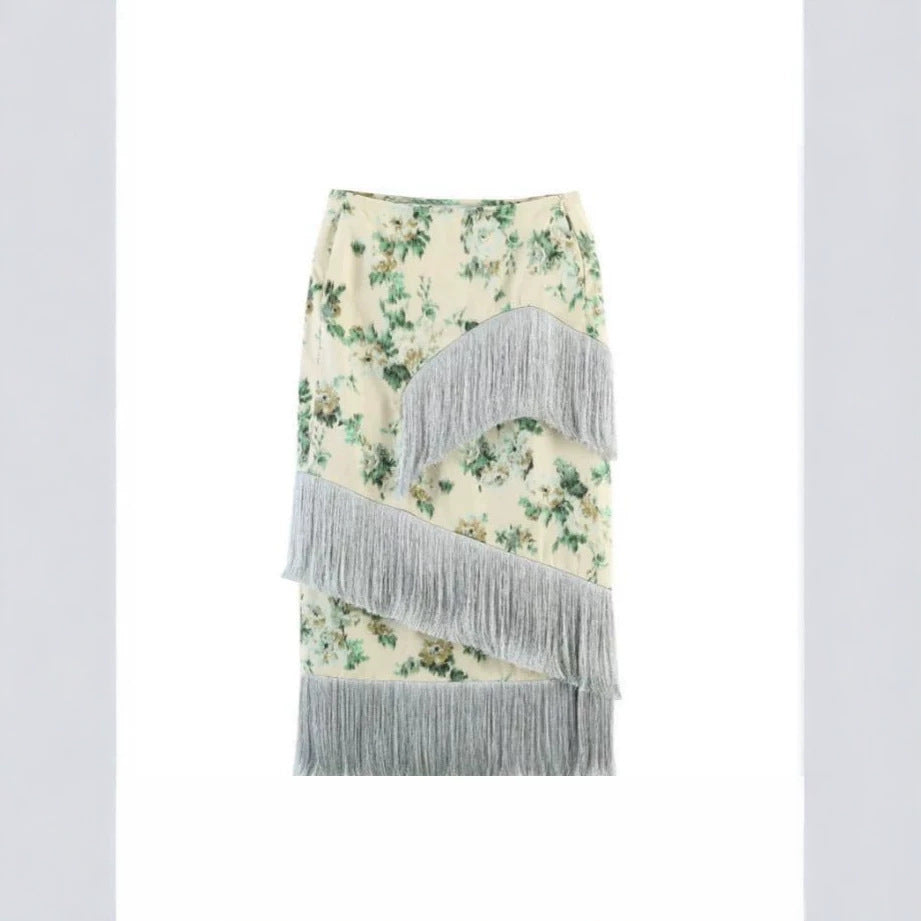 Damen Floral bedruckter Midirock mit diagonalem Fransenbesatz und schlanker Silhouette Shop Nory