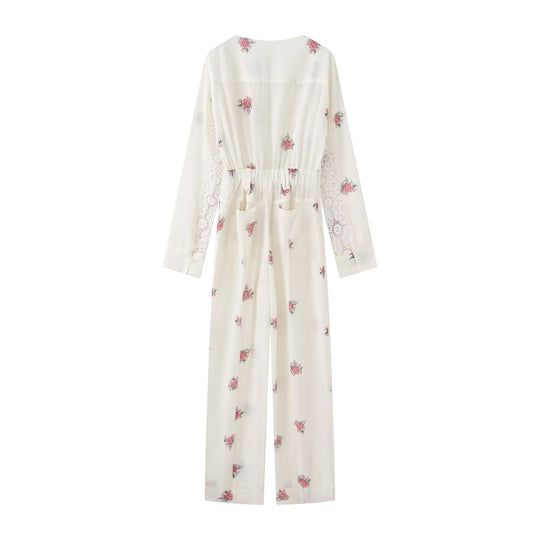 Damen Langer Jumpsuit mit Blumenprint, V-Ausschnitt, Reißverschluss und Tunnelzug Shop Nory