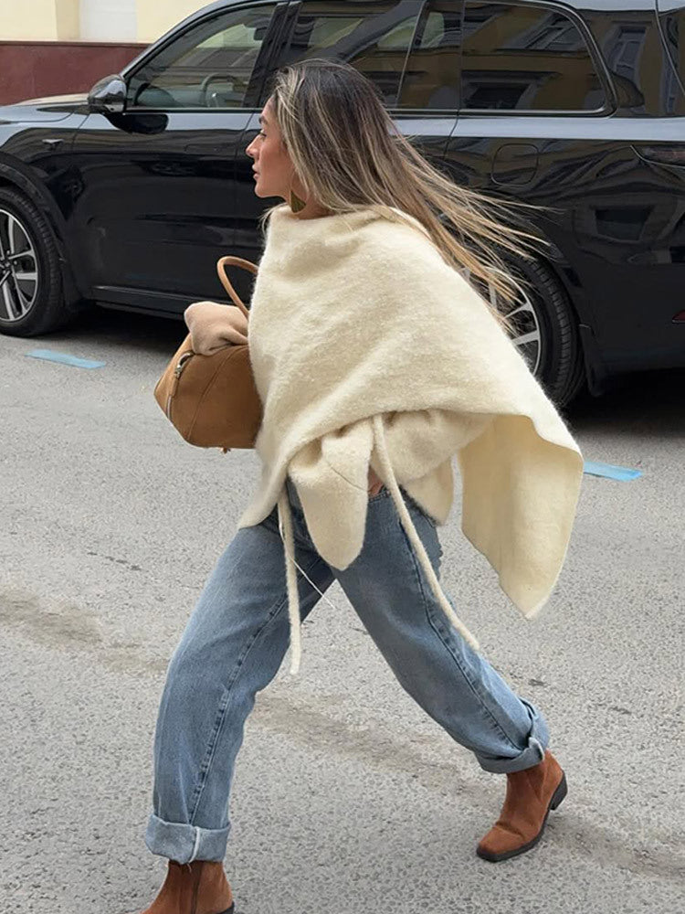 Damen Oversize Wollmix-Poncho mit asymmetrischem Fall und Bindebändern Shop Nory
