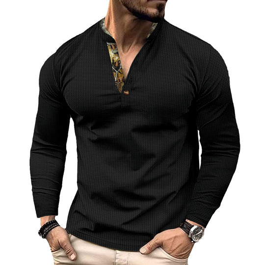 Herren nan langärmeliges Henley-Shirt mit Stehkragen und gemustertem Knopfleistenbesatz Shop Nory