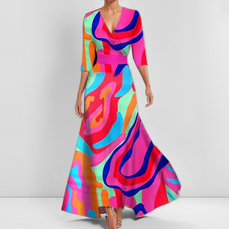 Damen Maxikleid mit Wickeloberteil, Taillengürtel und fließendem Satinrock Shop Nory