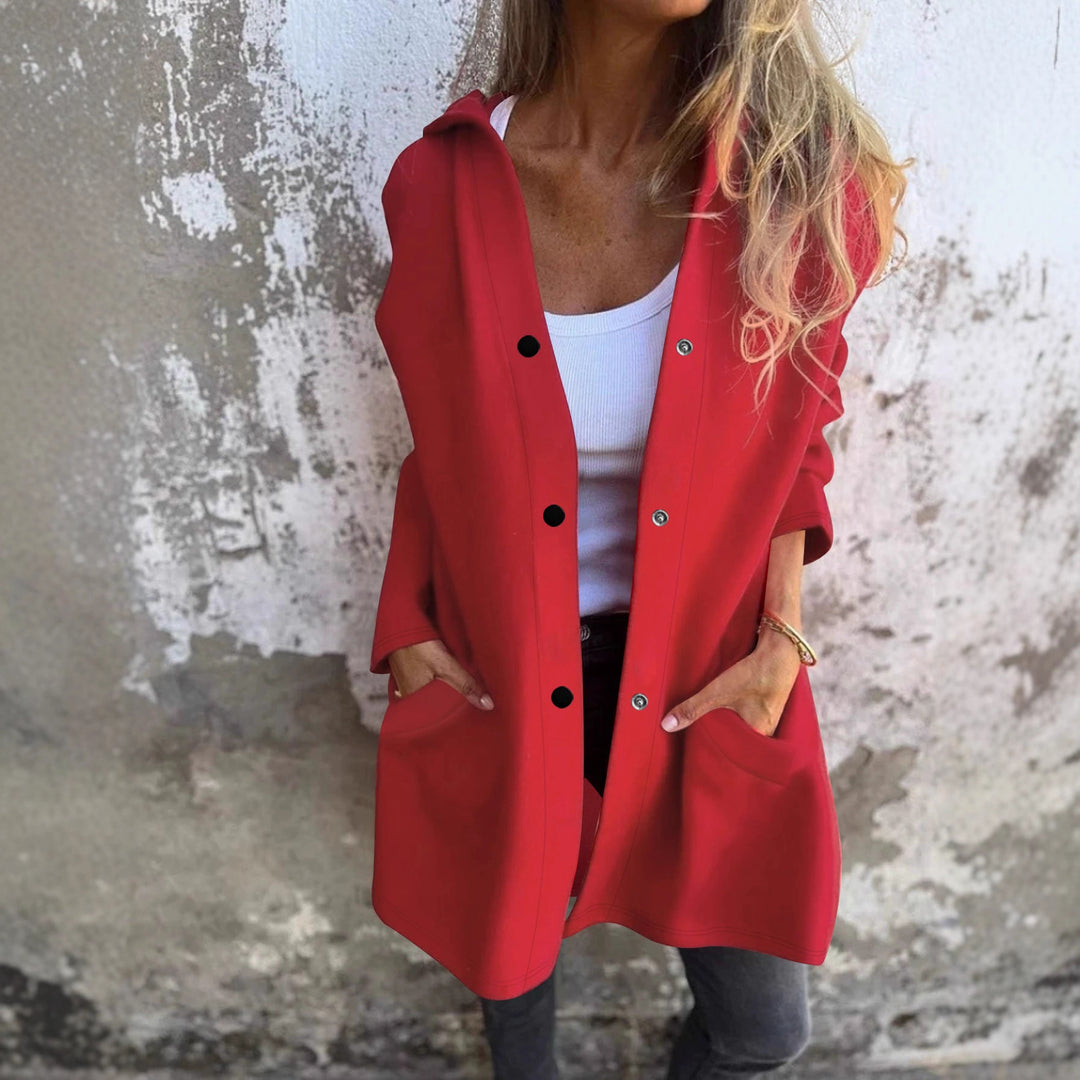 Damen Langer Kapuzenmantel aus weichem Sweat mit Druckknopfverschluss und seitlichen Eingrifftaschen Shop Nory
