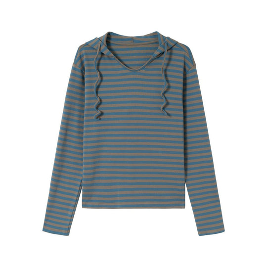 Damen Gestreiftes Langarm-Hoodie-Shirt mit V‑Ausschnitt und Kapuzenband Shop Nory