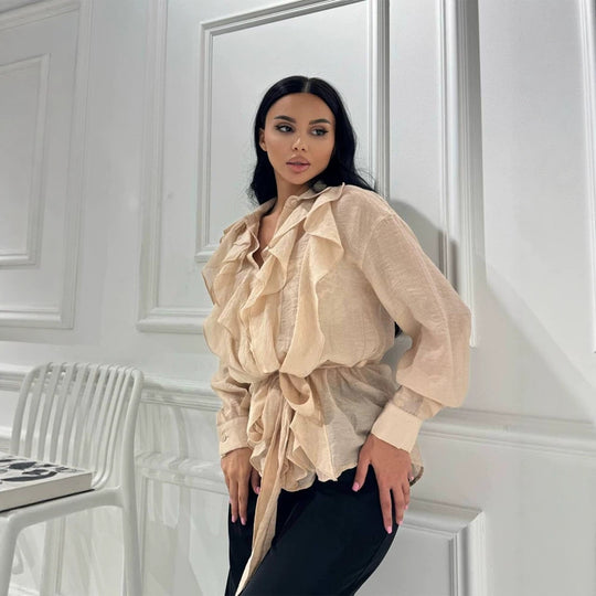 Damen Rüschige Chiffon‑Bluse mit Bindegürtel und Volants Shop Nory