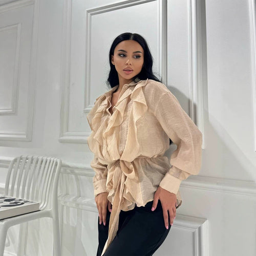 Damen Rüschige Chiffon‑Bluse mit Bindegürtel und Volants Shop Nory