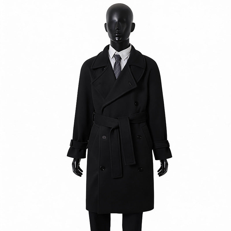 Herren Maxilanger Doppelreihiger Wollmix-Mantel mit hohem Stehkragen, Taillengürtel und verstellbaren Manschettenriemen Shop Nory