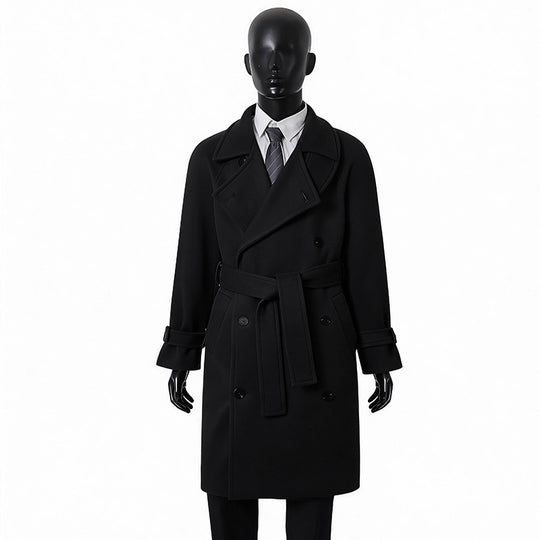 Herren Maxilanger Doppelreihiger Wollmix-Mantel mit hohem Stehkragen, Taillengürtel und verstellbaren Manschettenriemen Shop Nory