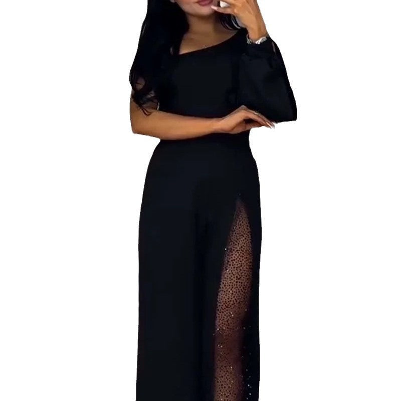 Damen Eleganter Jumpsuit mit transparenten Einsätzen und Pailletten