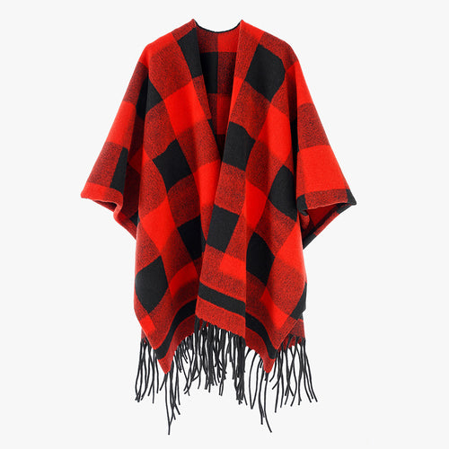 Damen Capeponcho im Plaid-Wickelstil aus Wollmix mit Fransensaum Shop Nory