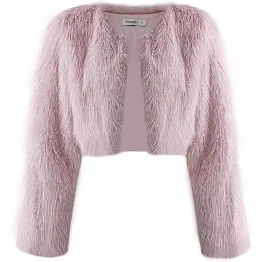 Damen Kurze glamouröse Kunstfelljacke mit lockeren Ärmeln