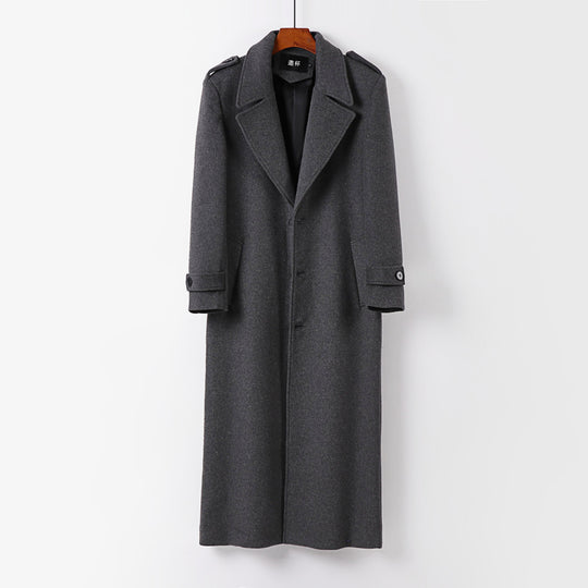 Herren bodenlanger Wollmantel mit Schalkragen, Gürtel und Epauletten Shop Nory