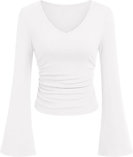Damen Geripptes Cropped-Top mit V-Ausschnitt, taillierter Raffung und ausgestellten Trompetenärmeln Shop Nory